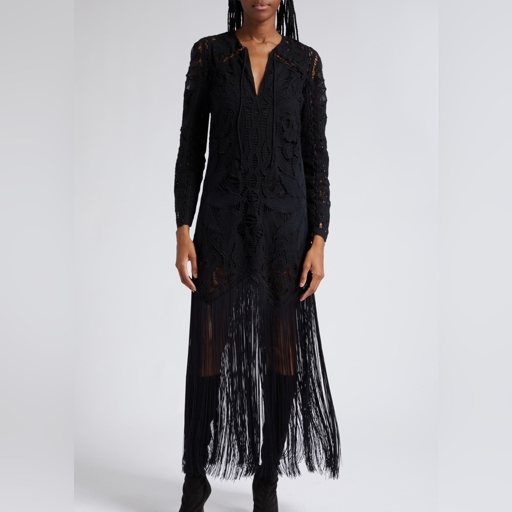 Sea New York Liesel Embroidered Lace Long Sleeve Fringe Dress
